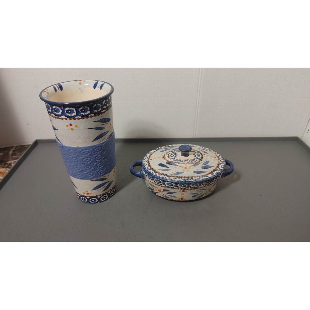 Temp-tations Old World Blue Stoneware Travel Mug & Lidded Baker Set Good Floral